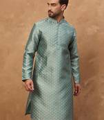 Men blue silk blend solid woven design straight kurta with pant set