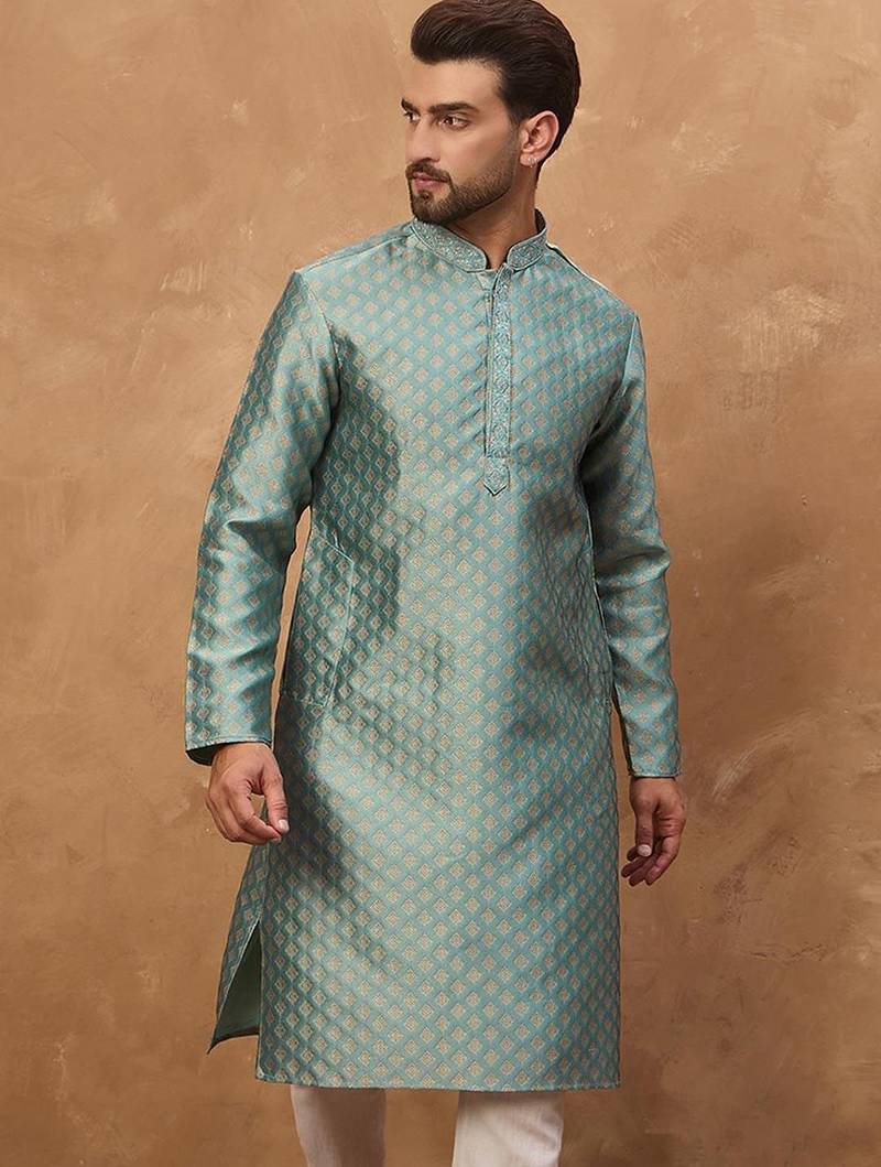 Men blue silk blend solid woven design straight kurta with pant set