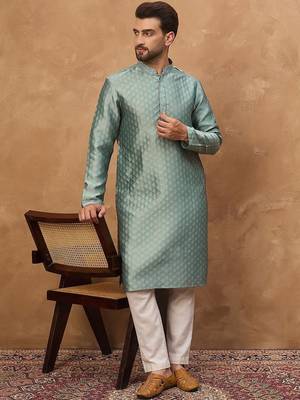 Men blue silk blend solid woven design straight kurta with pant set 2
