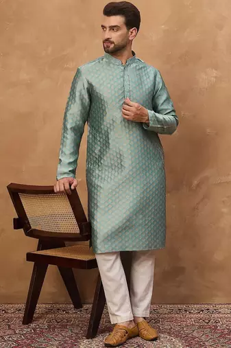 Men blue silk blend solid woven design straight kurta with pant set