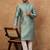 Men blue silk blend solid woven design straight kurta with pant set