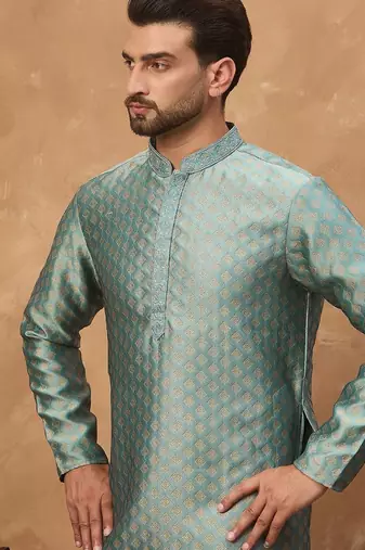 Men blue silk blend solid woven design straight kurta with pant set