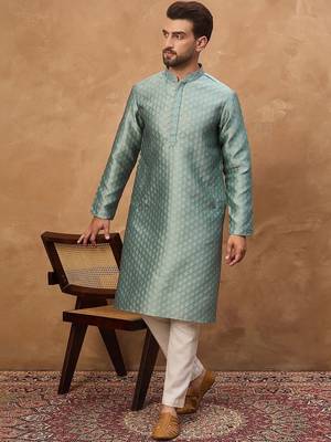 Men blue silk blend solid woven design straight kurta with pant set 4