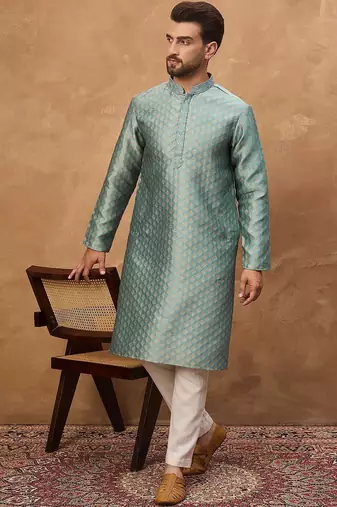 Men blue silk blend solid woven design straight kurta with pant set
