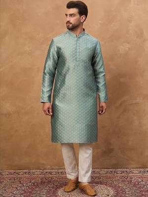 Men blue silk blend solid woven design straight kurta with pant set 5