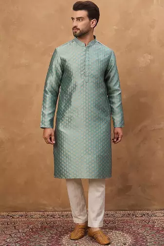 Men blue silk blend solid woven design straight kurta with pant set