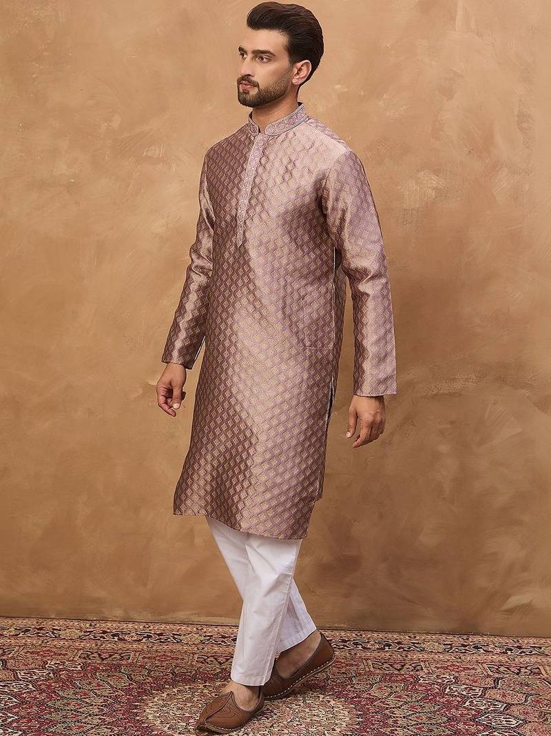 Men mauve silk blend solid woven design straight kurta with pant set