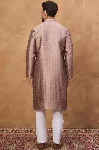 Men mauve silk blend solid woven design straight kurta with pant set