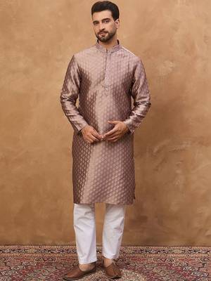 Men mauve silk blend solid woven design straight kurta with pant set 4