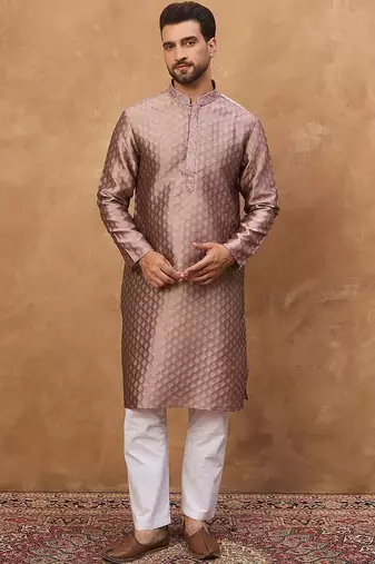 Men mauve silk blend solid woven design straight kurta with pant set