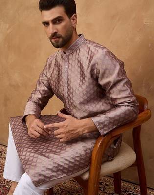 Men mauve silk blend solid woven design straight kurta with pant set 5