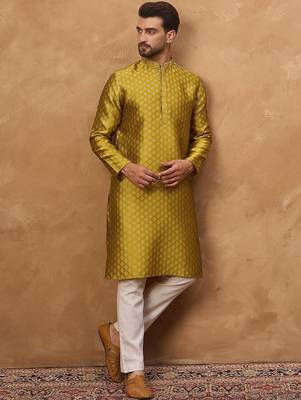 Men yellow silk blend solid woven design straight kurta with pant set 1