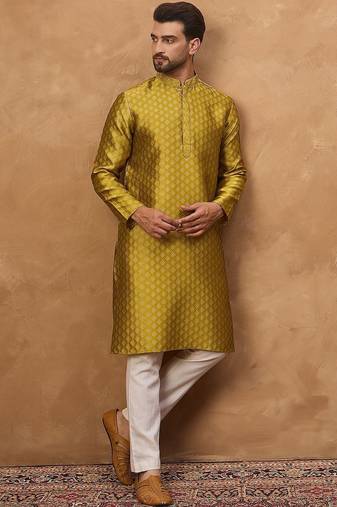 Men yellow silk blend solid woven design straight kurta with pant set