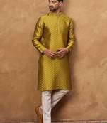 Men yellow silk blend solid woven design straight kurta with pant set