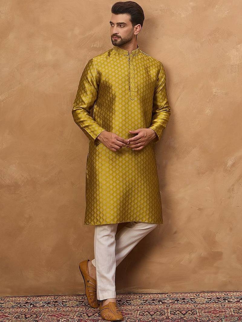 Men yellow silk blend solid woven design straight kurta with pant set