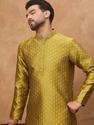 Men yellow silk blend solid woven design straight kurta with pant set 2