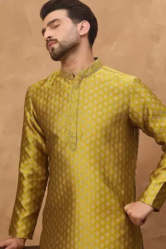 Men yellow silk blend solid woven design straight kurta with pant set