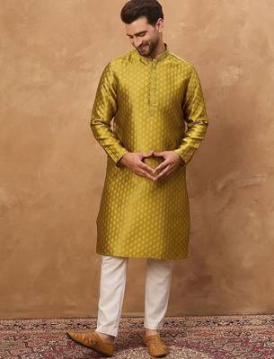 Men yellow silk blend solid woven design straight kurta with pant set 3