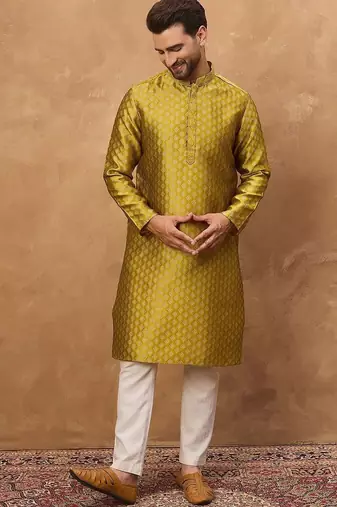 Men yellow silk blend solid woven design straight kurta with pant set