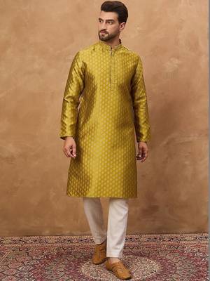 Men yellow silk blend solid woven design straight kurta with pant set 4