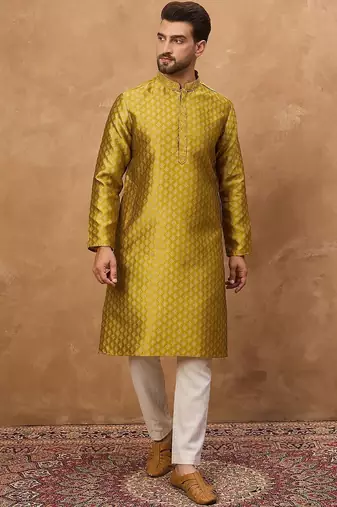 Men yellow silk blend solid woven design straight kurta with pant set