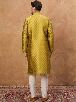 Men yellow silk blend solid woven design straight kurta with pant set 5
