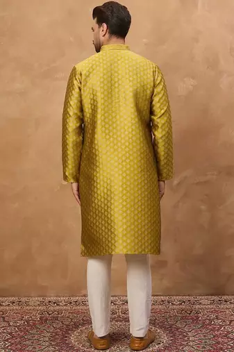 Men yellow silk blend solid woven design straight kurta with pant set