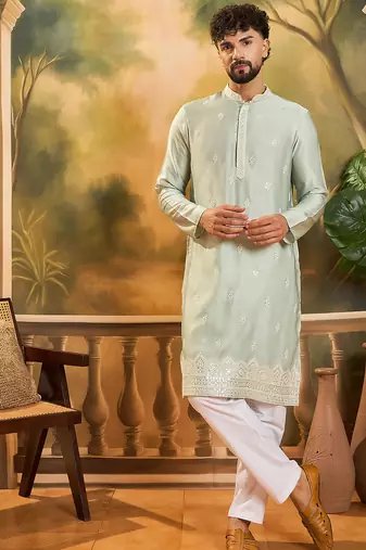 Men blue pure cotton batik embroidered straight kurta with trouser