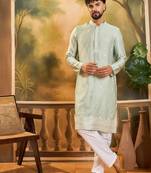 Men blue pure cotton batik embroidered straight kurta with trouser