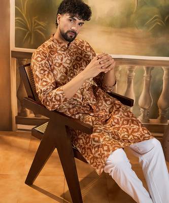 Men brown pure cotton batik embroidered straight kurta with trouser 1