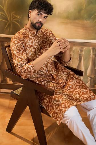 Men brown pure cotton batik embroidered straight kurta with trouser