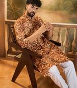 Men brown pure cotton batik embroidered straight kurta with trouser