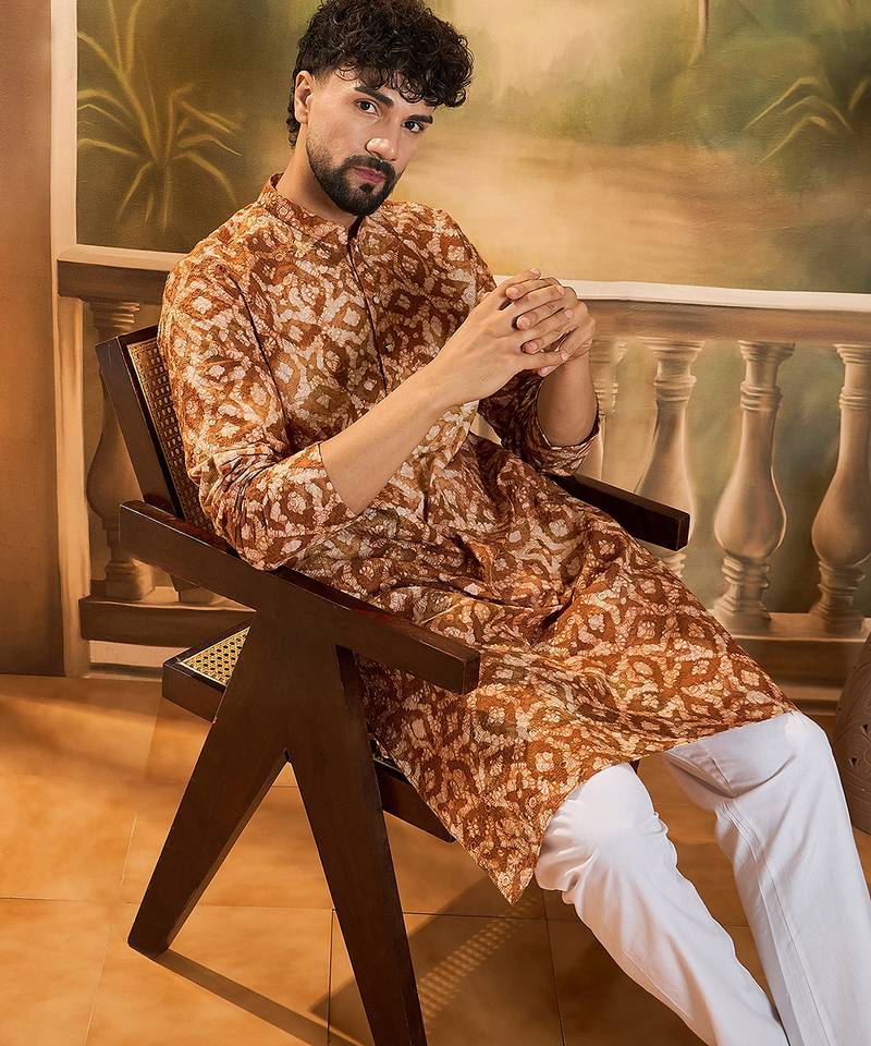 Men brown pure cotton batik embroidered straight kurta with trouser