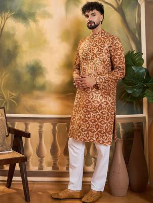 Men brown pure cotton batik embroidered straight kurta with trouser 3