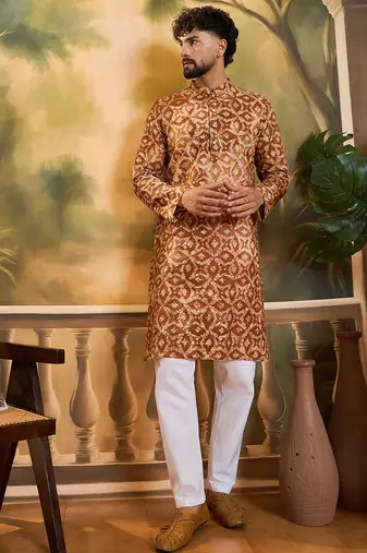 Men brown pure cotton batik embroidered straight kurta with trouser