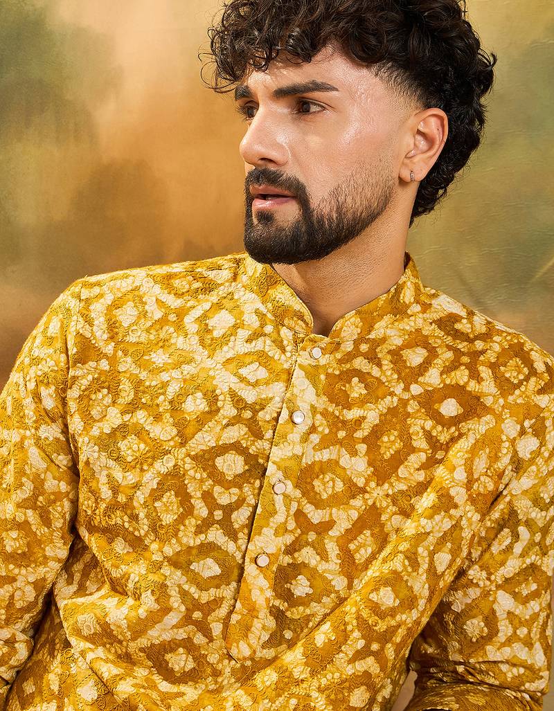 Men yellow pure cotton shibori embroidered straight kurta with trouser