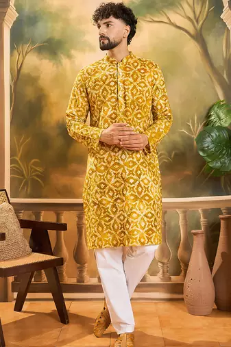 Men yellow pure cotton shibori embroidered straight kurta with trouser