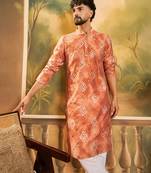 Men orange silk blend batik embroidered straight kurta with trouser