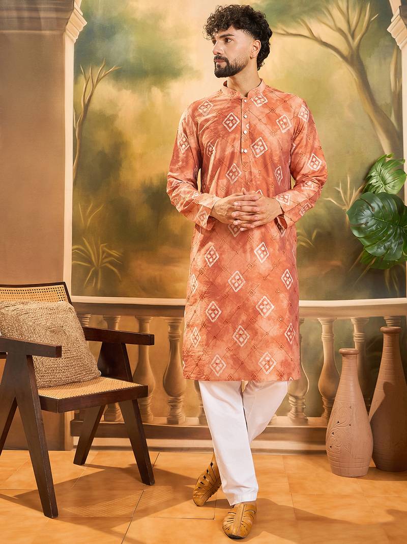 Men orange silk blend batik embroidered straight kurta with trouser