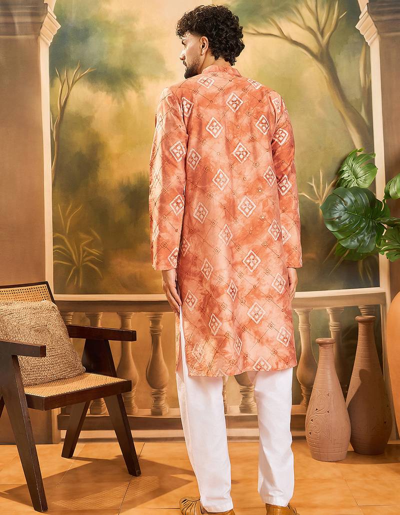 Men orange silk blend batik embroidered straight kurta with trouser