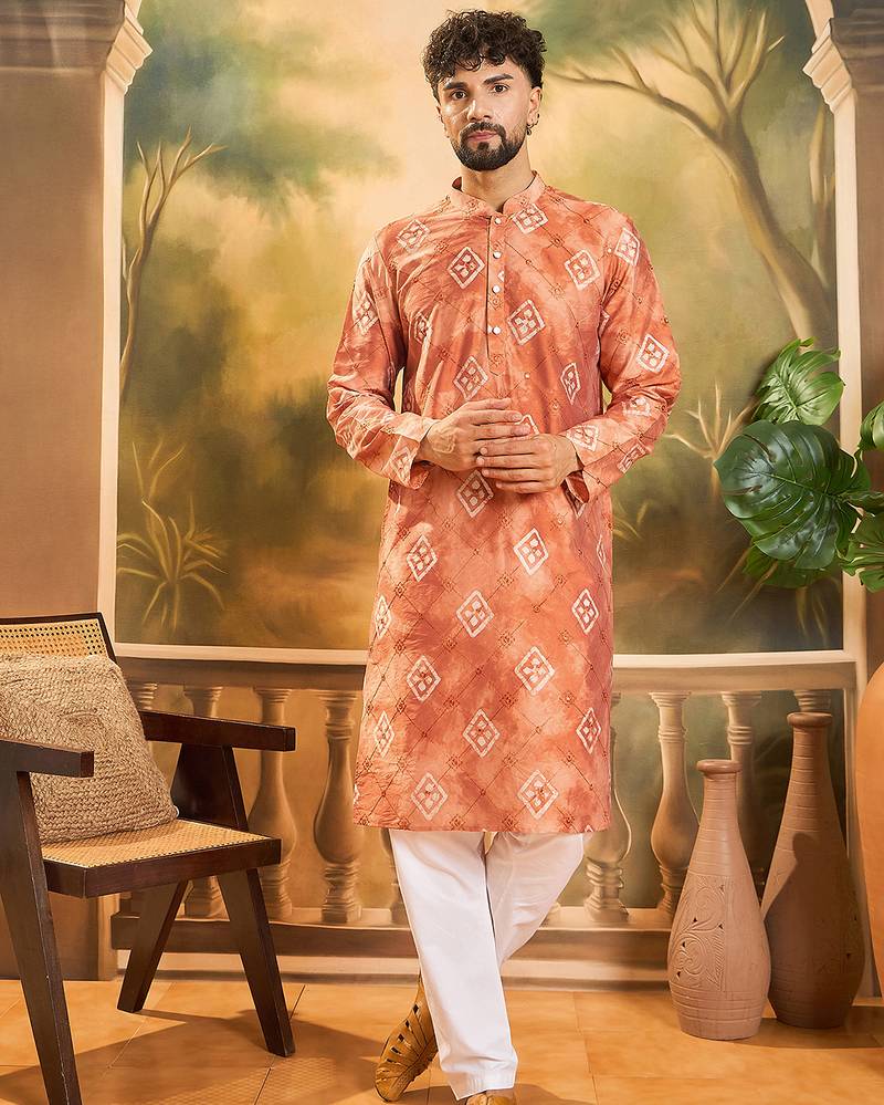 Men orange silk blend batik embroidered straight kurta with trouser