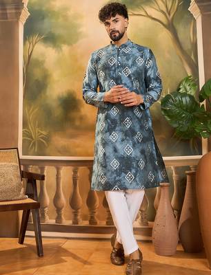 Men blue silk blend batik embroidered straight kurta with trouser 2