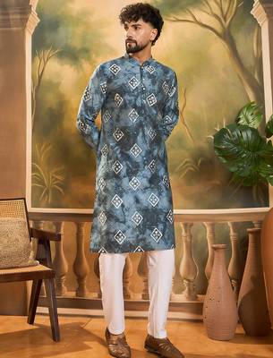 Men blue silk blend batik embroidered straight kurta with trouser 3