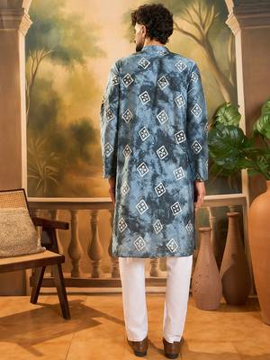 Men blue silk blend batik embroidered straight kurta with trouser 4