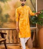 Men orange silk blend batik embroidered straight kurta with trouser