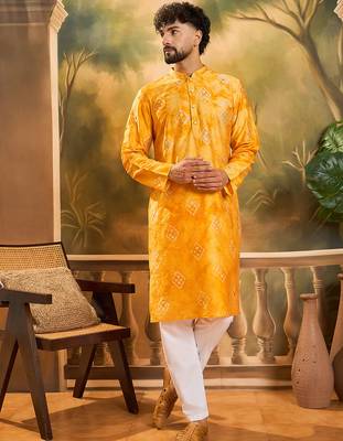 Men orange silk blend batik embroidered straight kurta with trouser 2