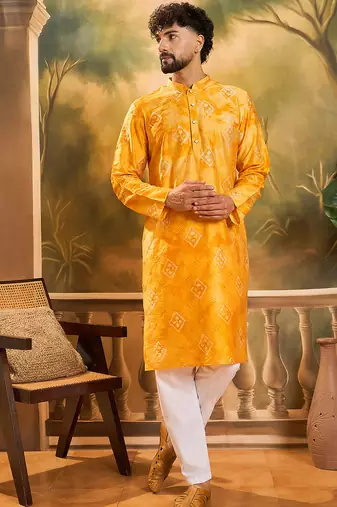 Men orange silk blend batik embroidered straight kurta with trouser