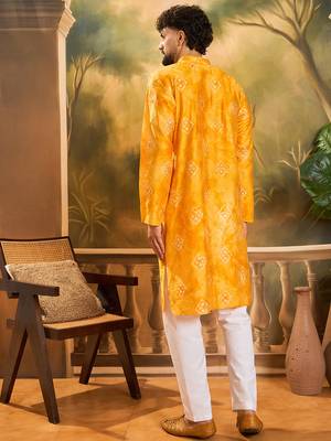 Men orange silk blend batik embroidered straight kurta with trouser 4