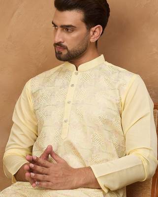 Men yellow silk blend solid embroidered straight kurta with pant set 1