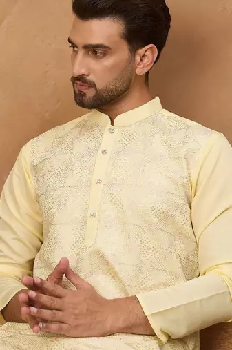 Men yellow silk blend solid embroidered straight kurta with pant set